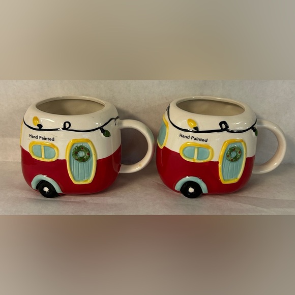 2 St Nicholas Square Christmas Camper Trailer XL Ceramic Mugs 18 oz hand painted - Picture 1 of 6